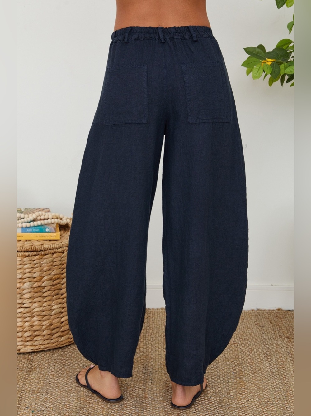 (155163/E11441-NVY) LINEN BARREL PANTS - Picture 4 of 5